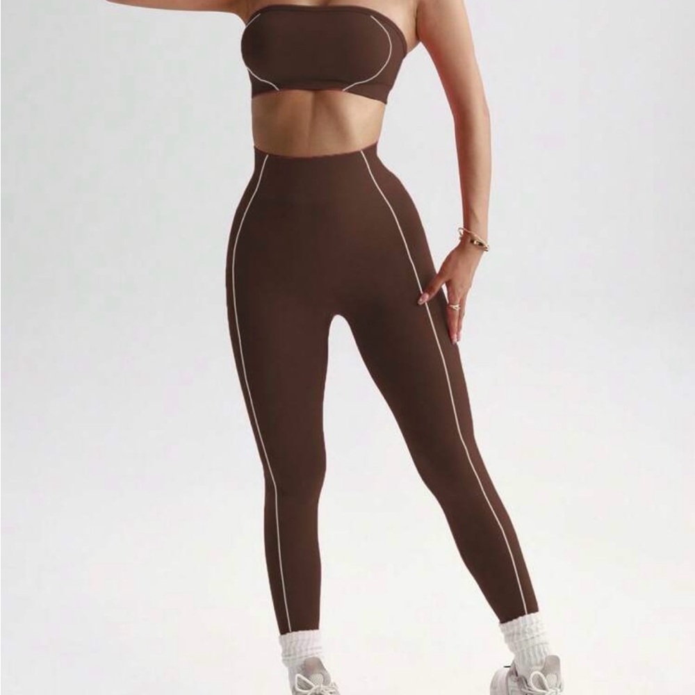 Chocolate Brown Leggings with Contrast Stitching and Strapless Sports Bra Set
